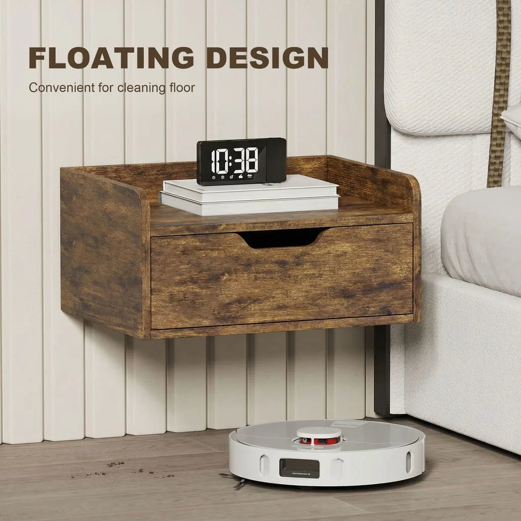 HOMCOM Floating Nightstands Set of 2 with Sliding Drawer, Wall Mounted Bedside Tables for Bedroom, Rustic Brown