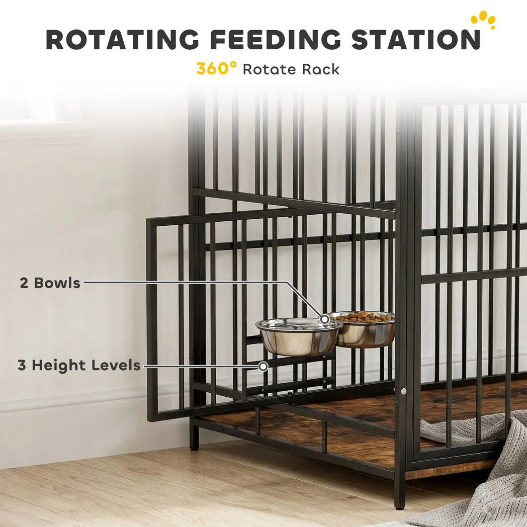 PawHut Dog Crate Furniture with Rotatable Feeding Station and Shelves – Indoor End Table Kennel, Brown