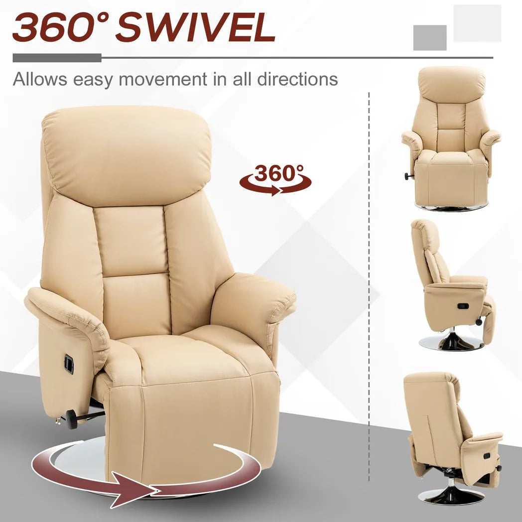 HOMCOM Manual Swivel Recliner Chair with Footrest, Padded Arms & PU Leather – 130° Armchair, Beige