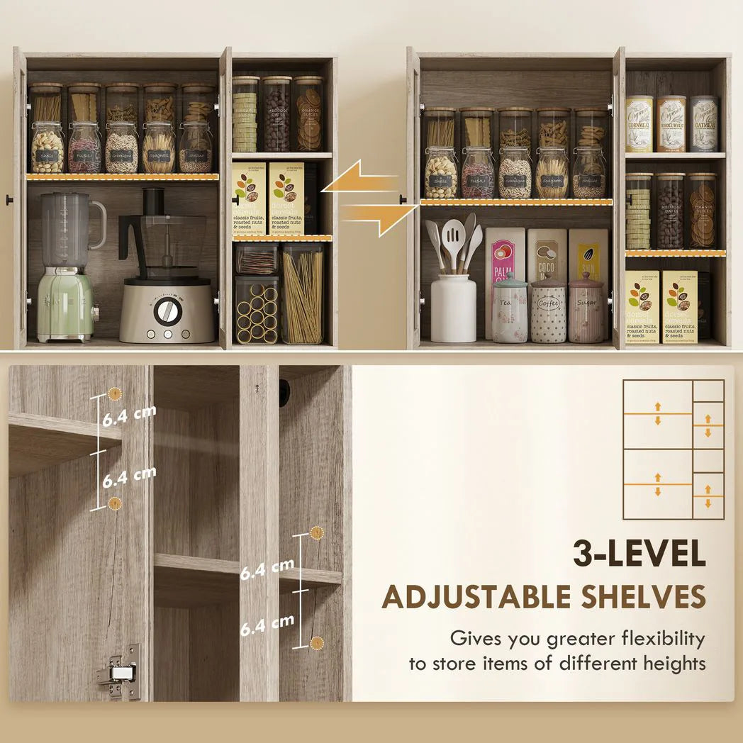 HOMCOM Multi-Storage Kitchen Cabinet with Glass Doors, Soft-Close Hinges and Adjustable Shelves – Grey Wood-Effect