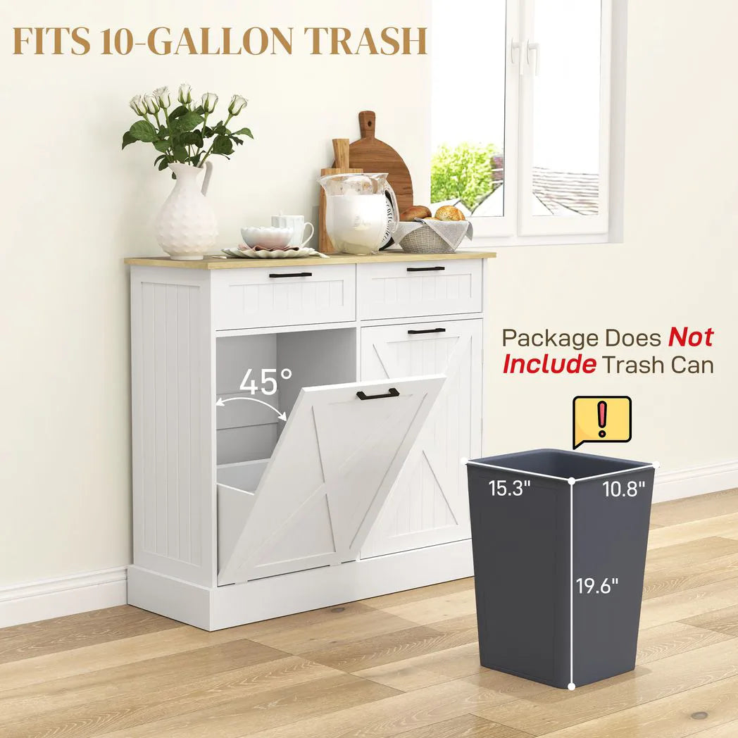 HOMCOM Farmhouse Kitchen Sideboard with Tilt-Out Rubbish Bin, 2 Drawers and Adjustable Shelves, White