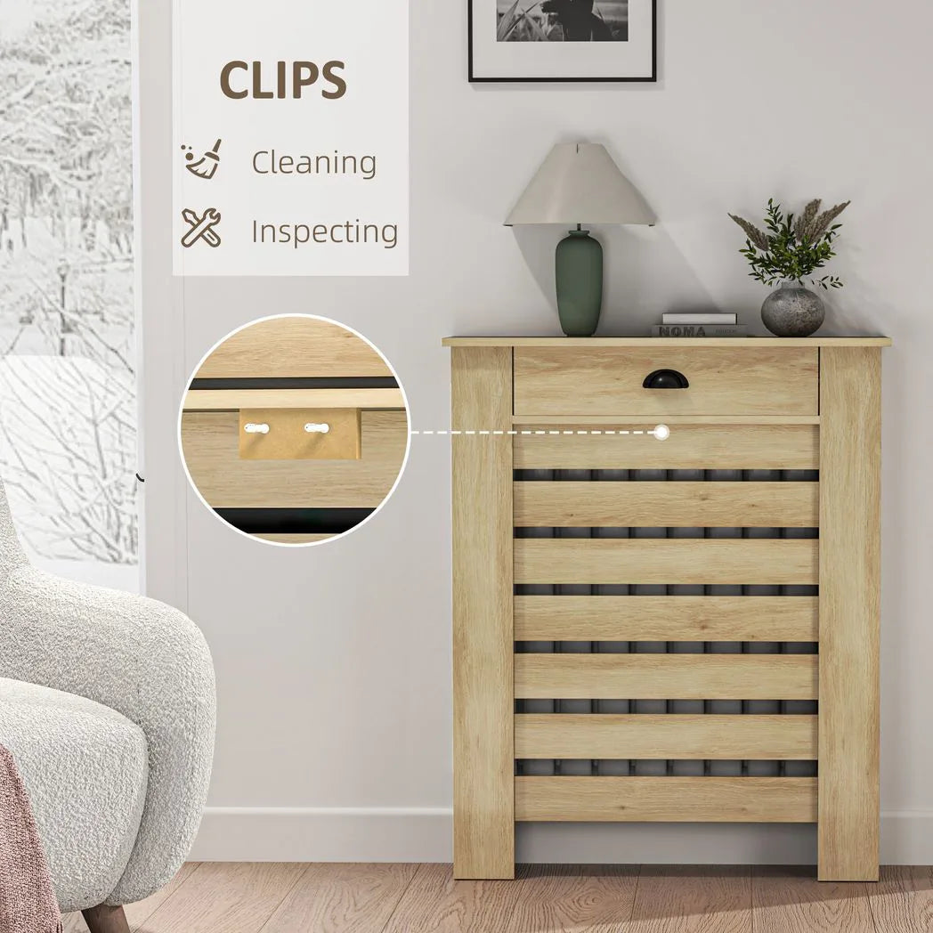 HOMCOM Radiator Cover with Top Drawer & Slatted Centre – Fits Radiators up to 81 x 73 cm, Oak
