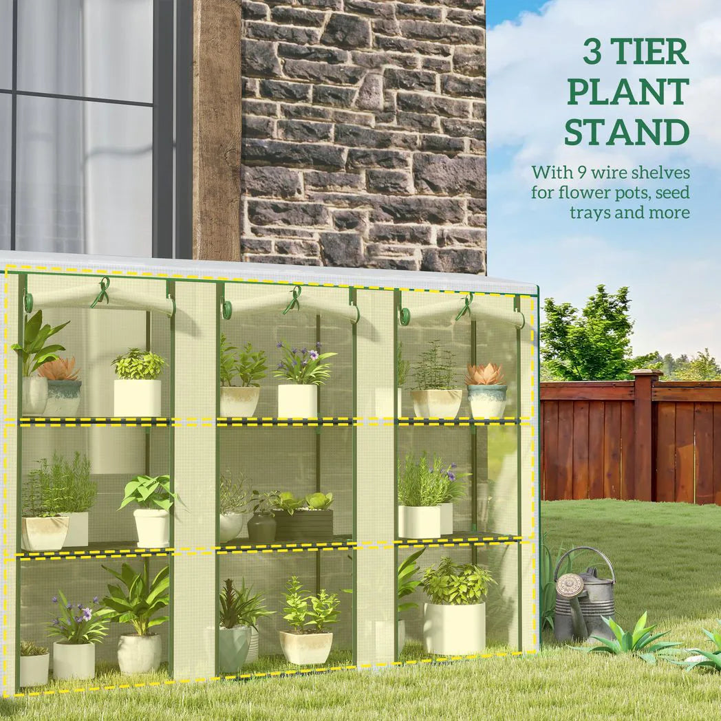 Outsunny Nine-Shelf Greenhouse with 3 Roll-Up Doors, Steel Frame & PE Cover – 46 x 215cm Portable Plant Shelf
