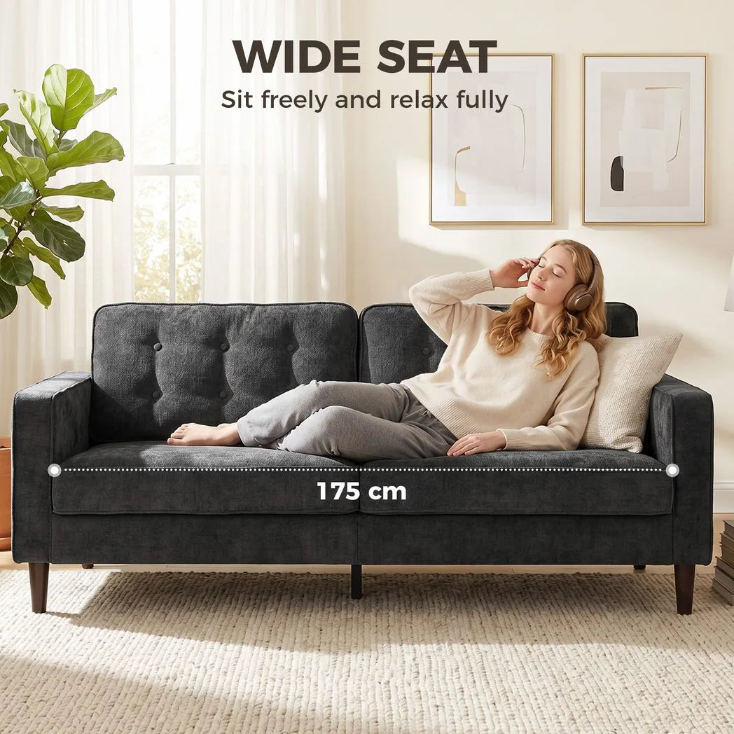 HOMCOM 3 Seater Sofa with Button-Tufted Back and Rubberwood Legs – Velvet-Feel Couch, Dark Grey