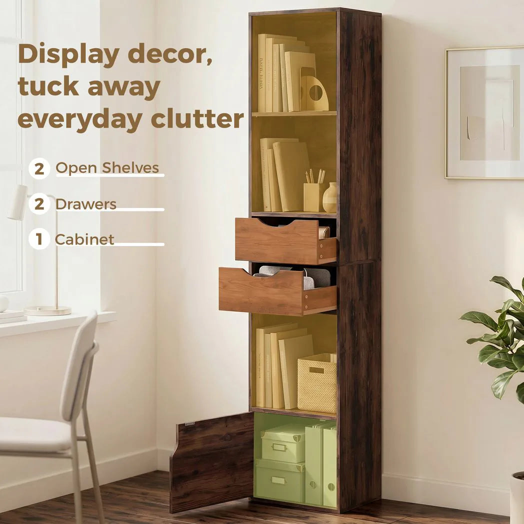 HOMCOM 158 cm Slim Bookcase with 2 Drawers, Cabinet and Adjustable Shelf – Rustic Brown