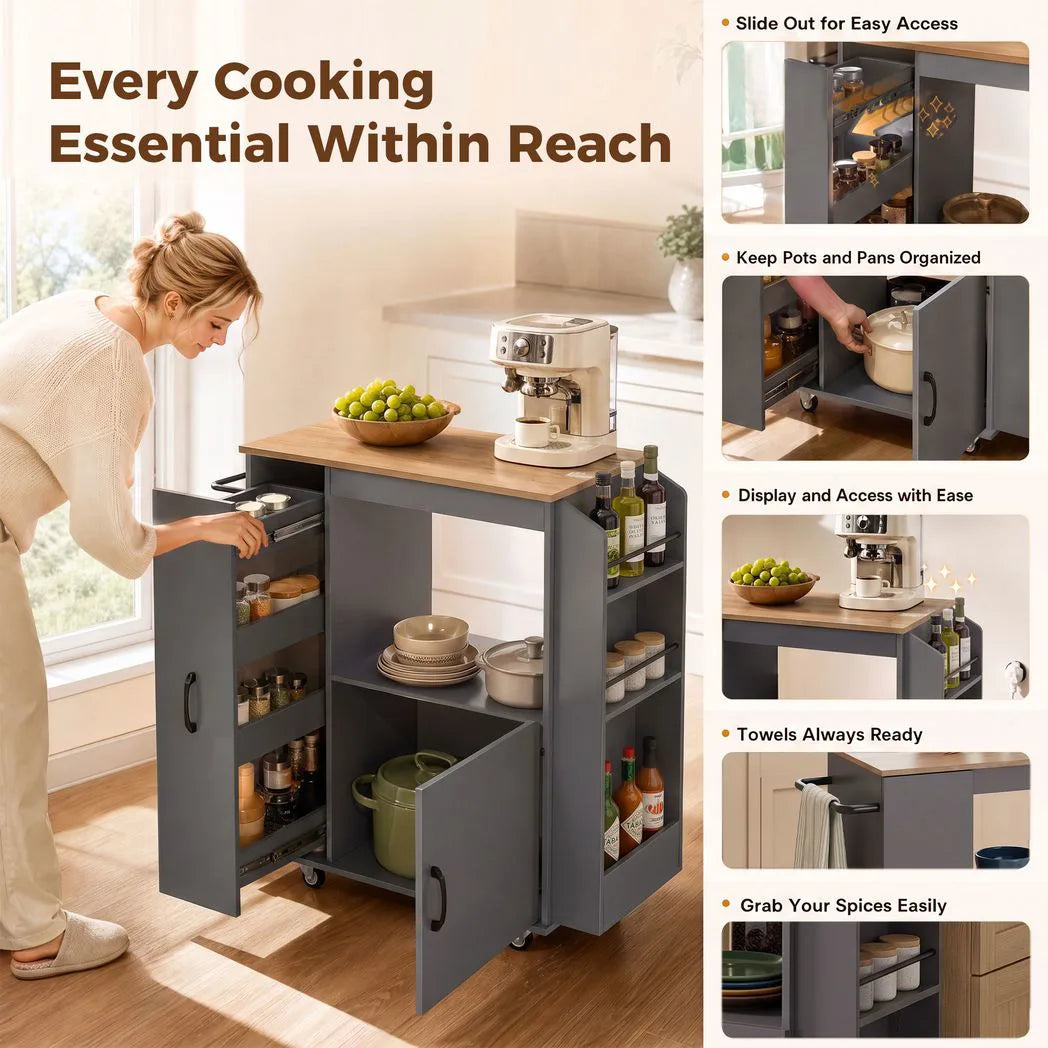 HOMCOM Kitchen Trolley with Power Outlets, Pull-Out Drawer and Cabinet – Rolling Island Cart on Wheels, Grey