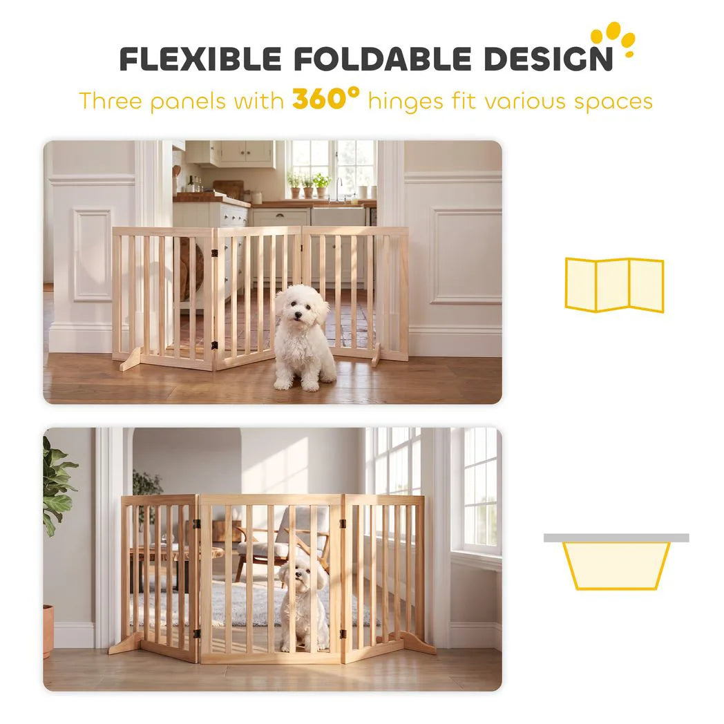 PawHut Wooden Freestanding Dog Gate with 3 Folding Panels and 2 Support Feet – Indoor Pet Barrier, Natural