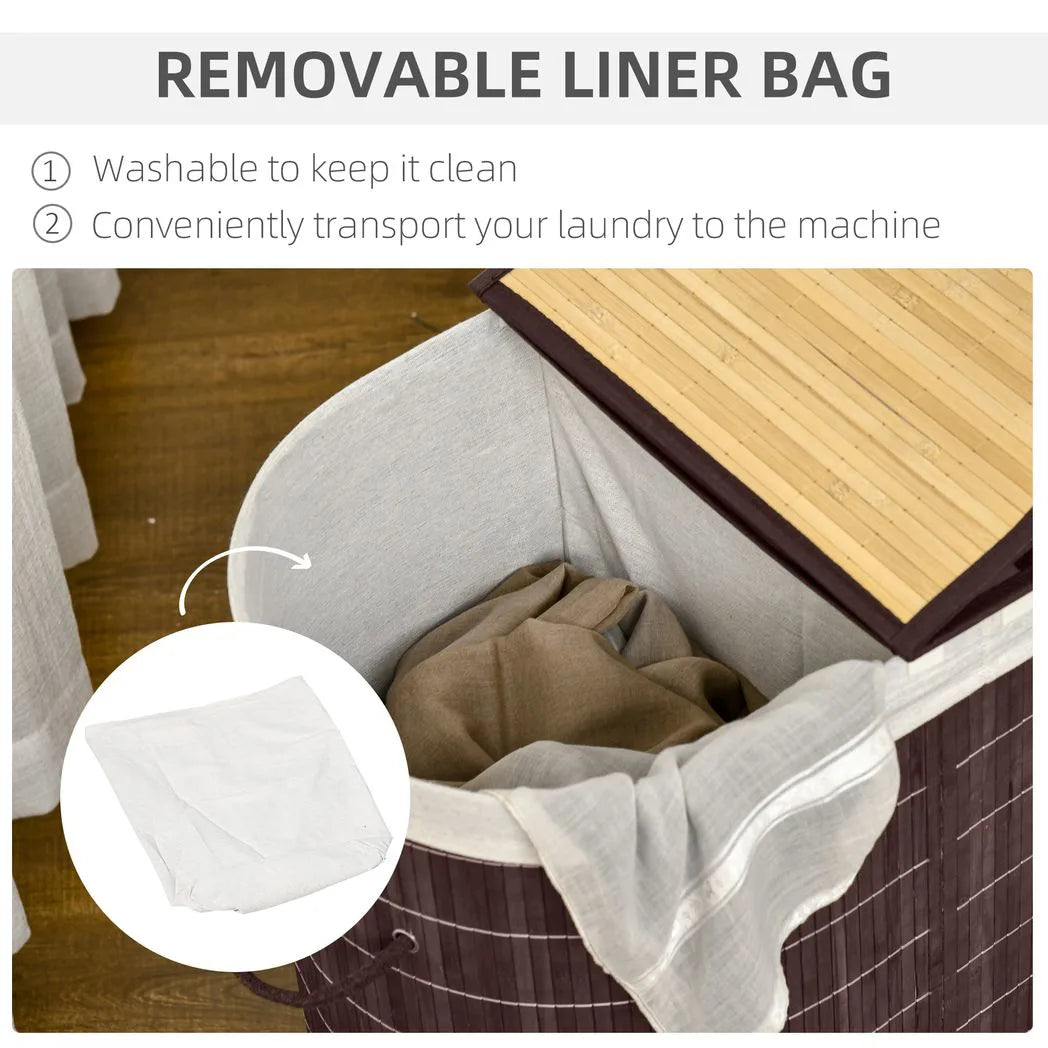 HOMCOM 100L Bamboo Laundry Basket with Lid, 2 Compartments & Removable Liner – Washing Hamper, Brown
