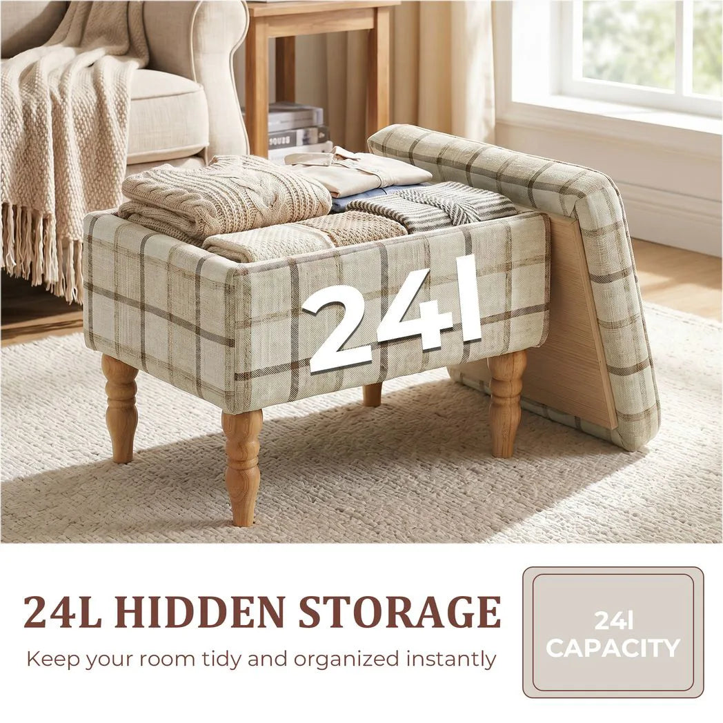 HOMCOM Linen Upholstered Footstool with Hidden Storage – Rectangular Ottoman with Flip-Top Tray Lid, Brown