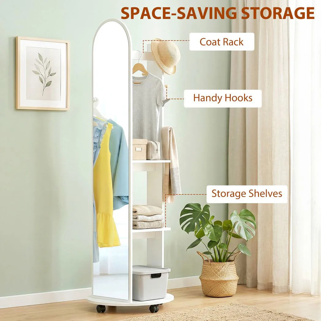 HOMCOM 2-in-1 Full Length Mirror with Storage Shelves, Floor Mirror with 4 Wheels, Coat Rack, Hooks
