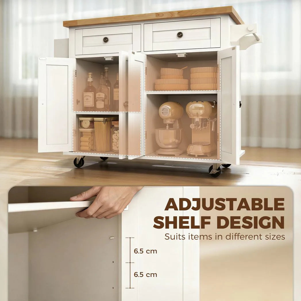 HOMCOM Kitchen Island on Wheels with Rubberwood Top, Drawers and Adjustable Shelves – Rolling Storage Trolley, Cream White