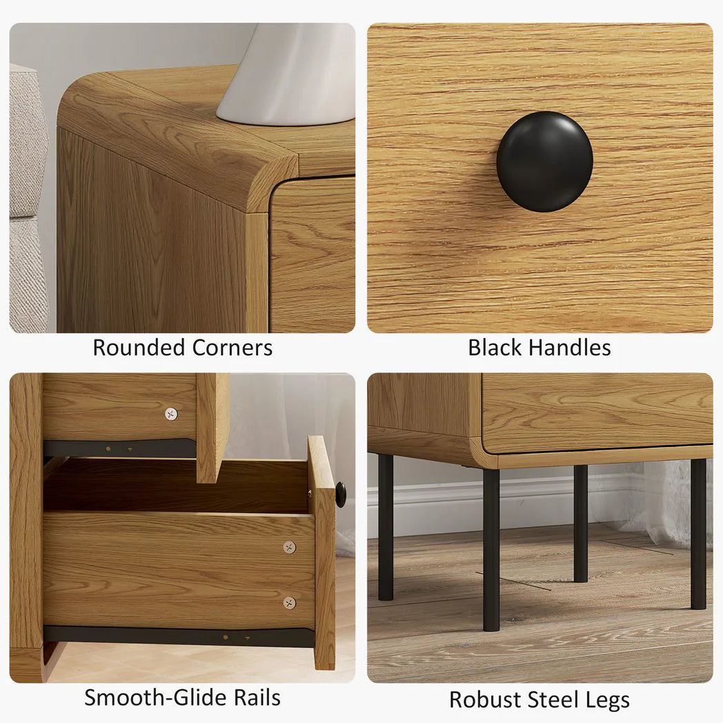 HOMCOM Bedside Table with 2 Drawers and Steel Legs – Rounded Nightstand for Bedroom and Living Room, Oak