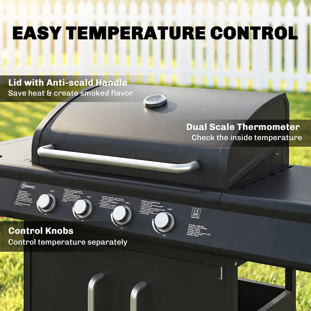 Outsunny 4 Burner Gas BBQ Grill with Storage Cabinet, 15.2 kW, Side Table & Warming Rack – Propane Barbecue Trolley on Wheels