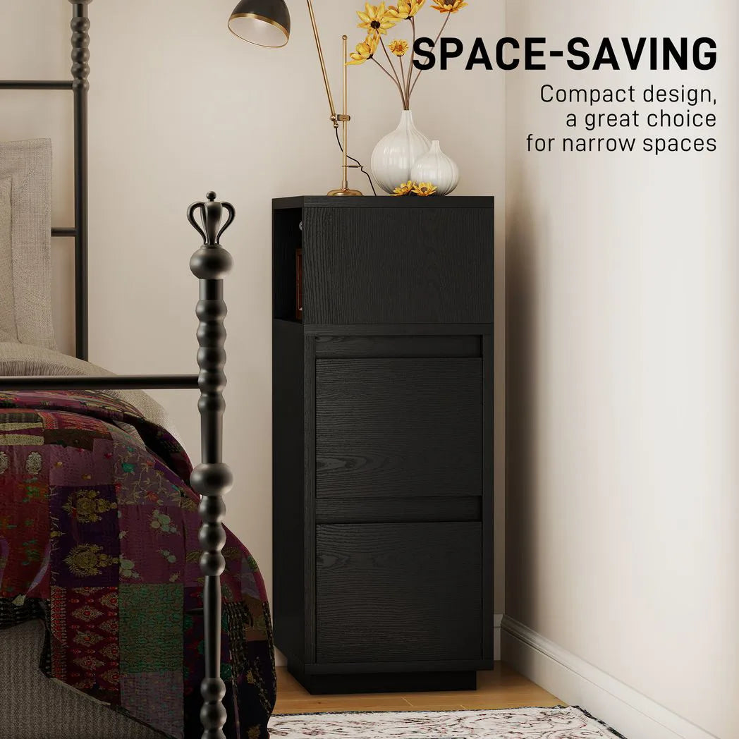 HOMCOM Slim Bedside Table with Open Shelf and 2 Drawers – Narrow Bedside Cabinet for Bedroom or Living Room, Black