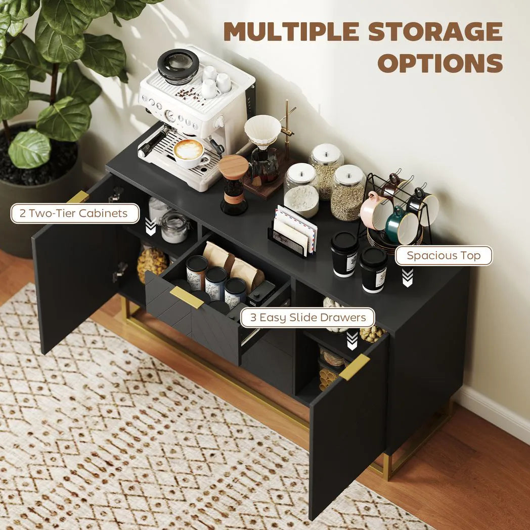 HOMCOM Sideboard with 3 Drawers, 2-Door Cabinet and Adjustable Shelves, Gold-Tone Base, Black