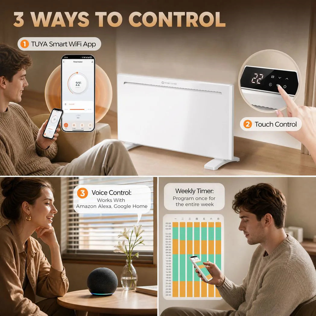 HOMCOM 2000W Smart WiFi Panel Heater with Weekly Timer & Anti-Frost – Wall Mounted or Freestanding, White