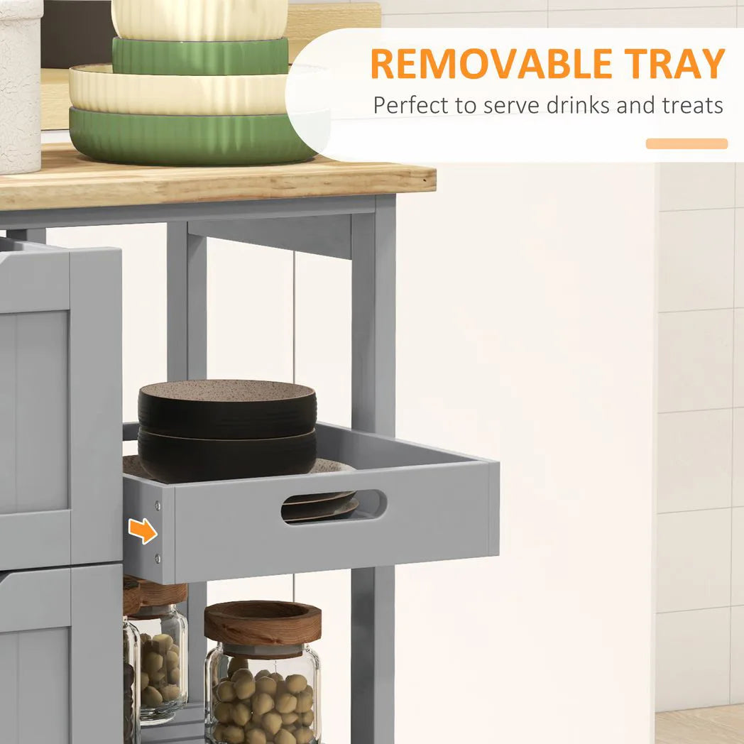 HOMCOM Rolling Kitchen Island Cart with Wood Top, 3 Drawers, 3 Shelves & Side Tray – Serving Trolley, Grey