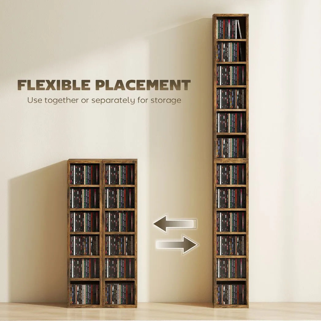 HOMCOM Set of 2 CD Media Storage Towers with Adjustable Shelves, Holds 204 CDs, Rustic Brown