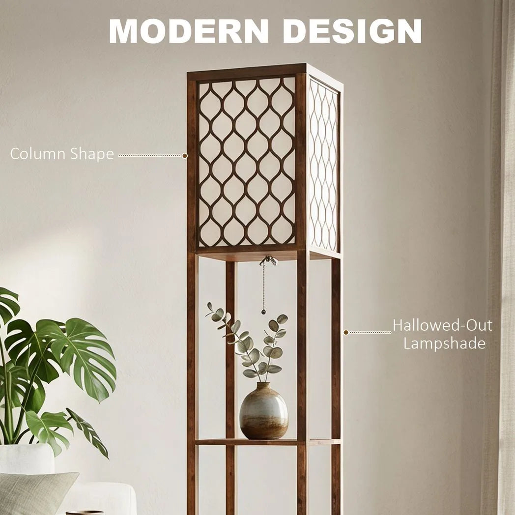 HOMCOM Duo Light Floor Lamp with 2 Storage Shelves – 160cm Standing Lamp and Display Unit, Rustic Brown