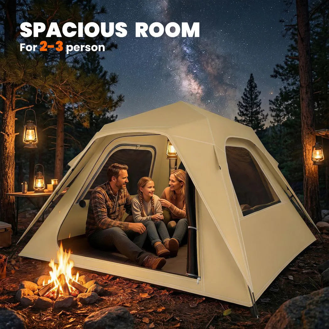 Outsunny 2-3 Person Pop Up Tent with Mesh Windows – 3000mm Waterproof Instant Camping Tent, Khaki