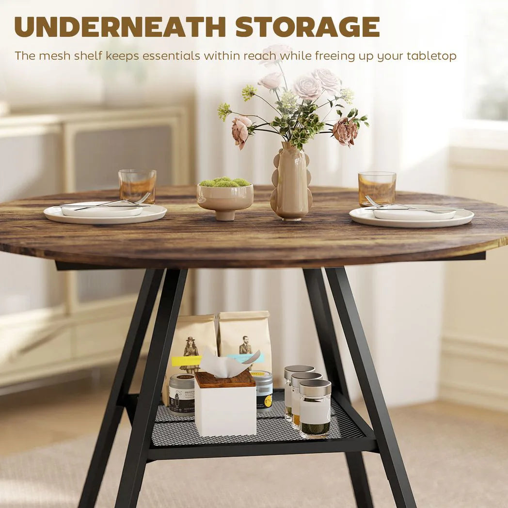 HOMCOM Round Dining Table for 4 with Storage Shelf, 100 cm Industrial Kitchen Table – Metal Z-Legs, Rustic Brown