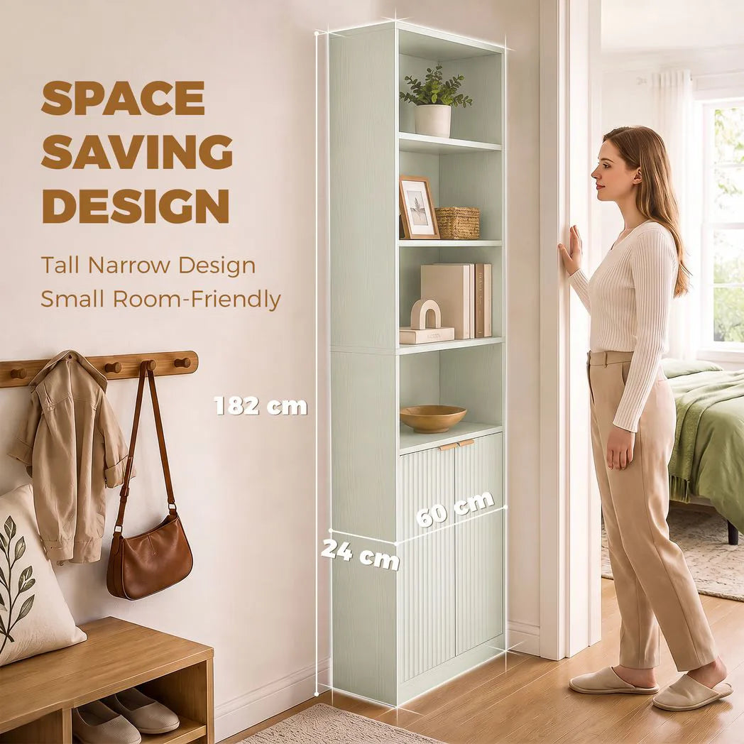 HOMCOM Slim 6-Tier Bookcase with Double-Door Cabinet and Anti-Tip Hardware – Adjustable Shelf, Light Green