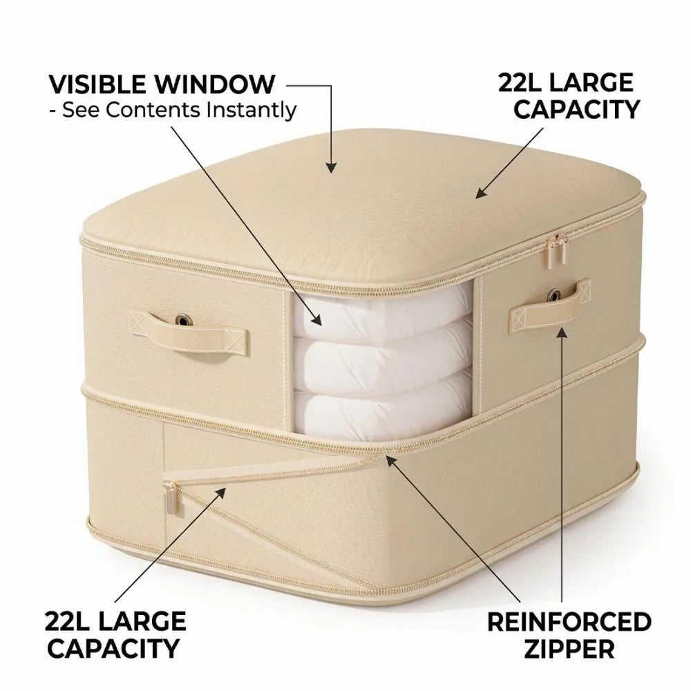 4 Zippered Foldable Clothes Storage Bags with Clear Window & Reinforced Handles – Large Bedding Storage, Beige