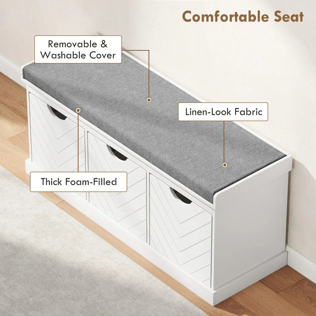 HOMCOM 3-Drawer Padded Shoe Storage Bench with Washable Linen-Look Cushion – 105 cm, White