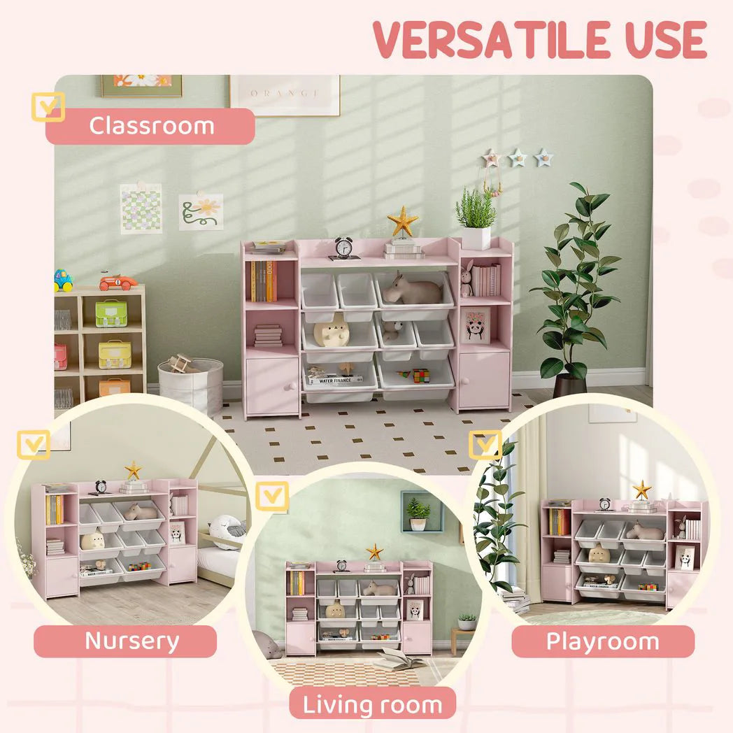 AIYAPLAY Kids Toy Storage Unit with 8 Removable Bins and Bookshelf – Toy Organiser, Pink