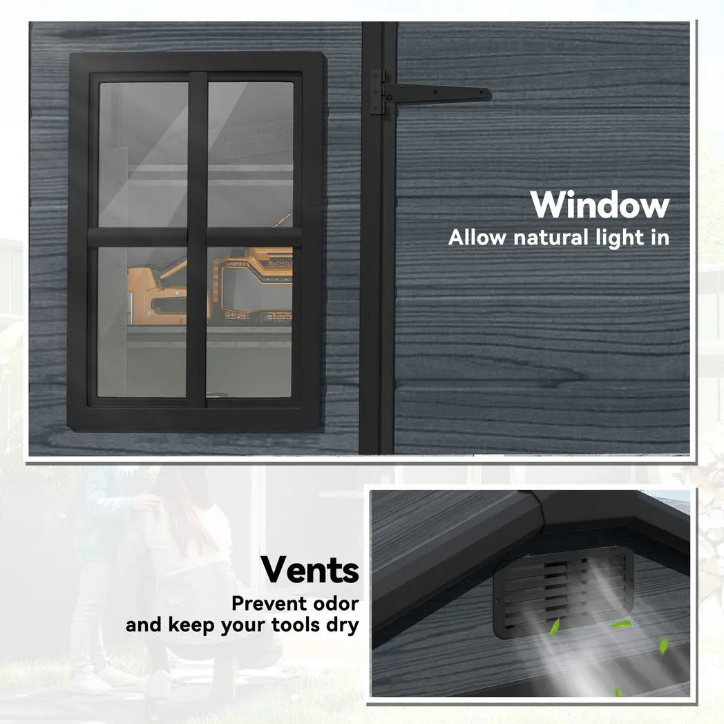 Outsunny 8 x 4ft Wood-Effect Resin Garden Shed with Floor, Windows & Lockable Doors – Outdoor Storage, Dark Grey