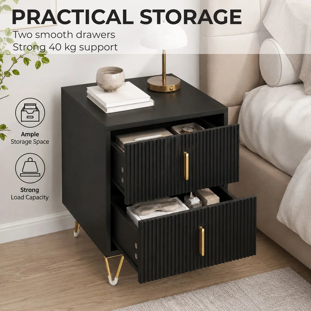 HOMCOM Fluted Bedside Table with 2 Drawers and Gold-Tone Handles, Compact Nightstand with Hairpin Legs – Black