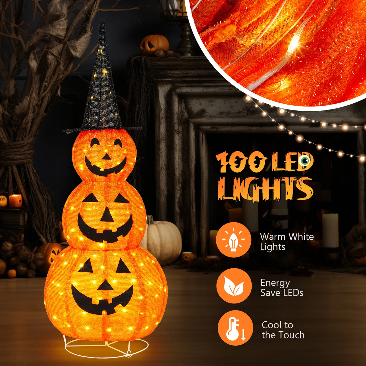 5ft Collapsible Light-Up Halloween Pumpkin, 100 LEDs