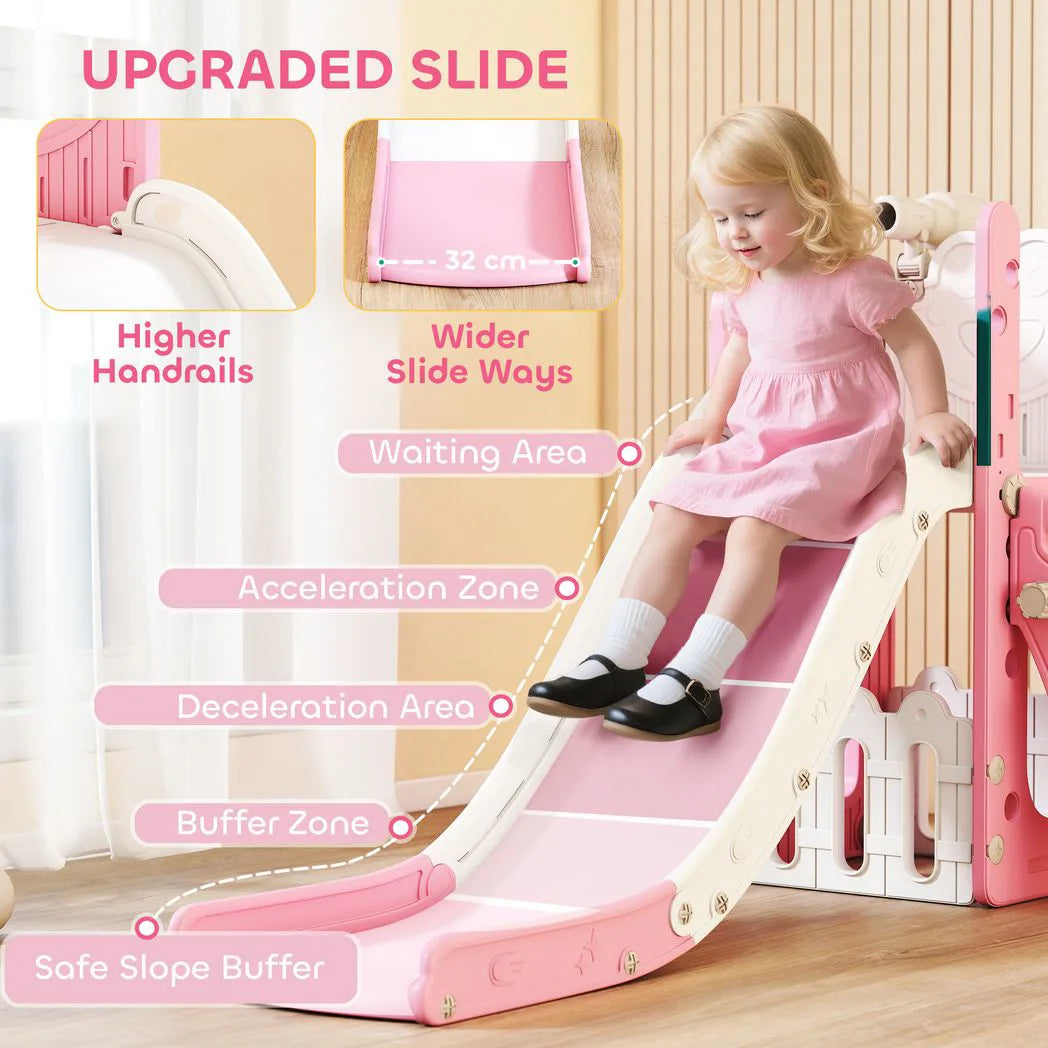 AIYAPLAY 5 in 1 Kids Slide Set with Basketball Hoop, Climbing Frame, Telescope & Storage Box – Toddlers 1-3