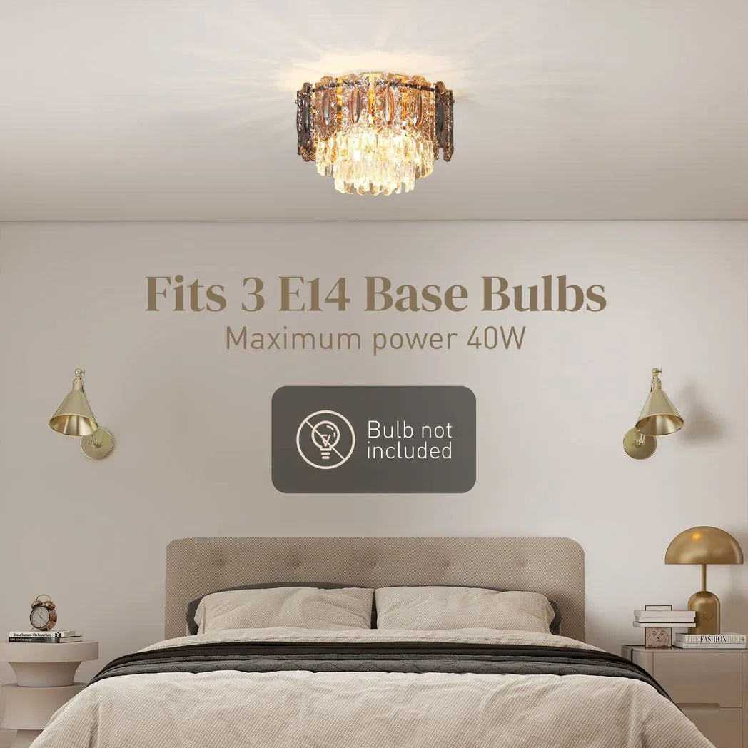 HOMCOM 3-Light Flush Mount Chandelier with Crystal and Smoke Glass – 40 cm Gold Ceiling Light