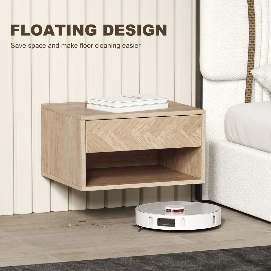 HOMCOM Set of 2 Floating Bedside Tables with Drawer and Open Shelf – Natural Wood Finish