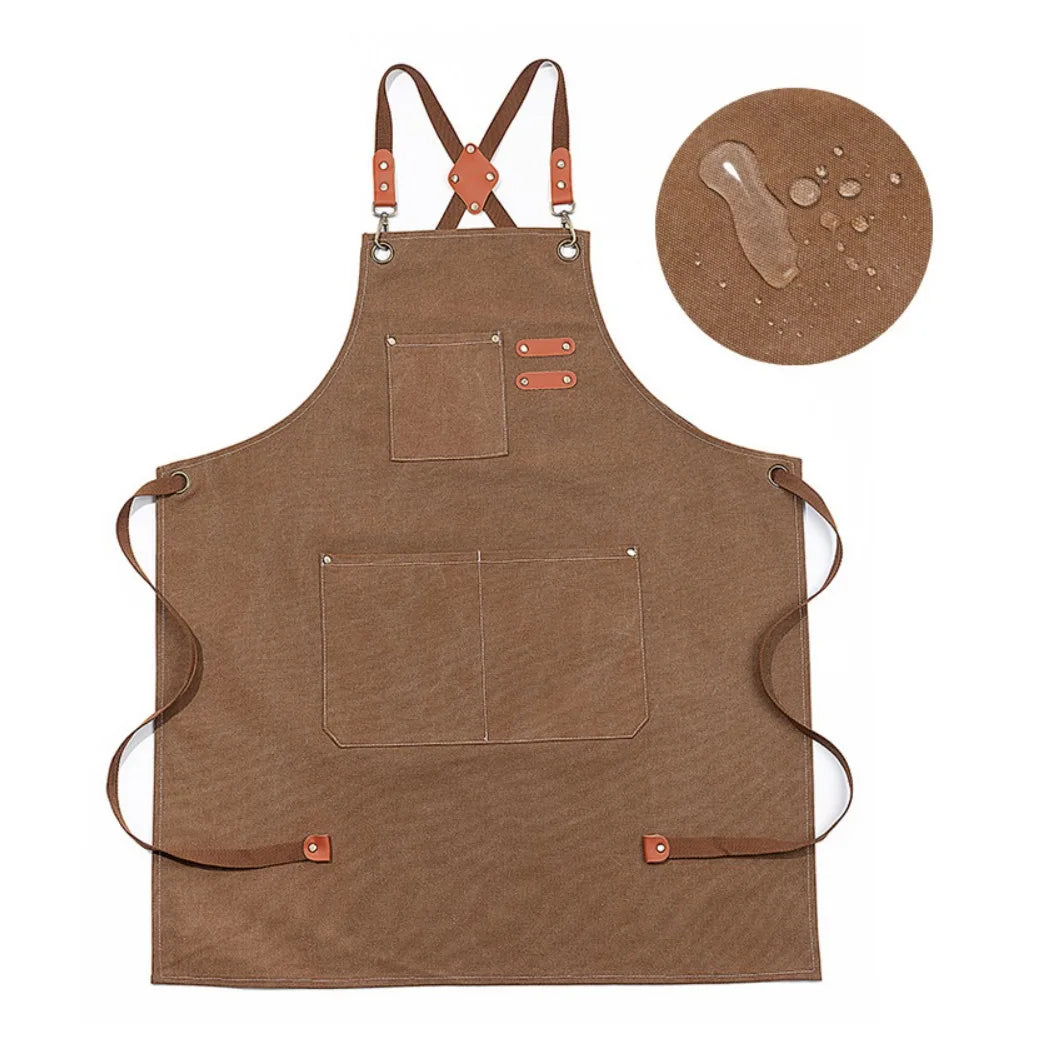 Canvas Apron with Pockets – Adjustable Cross-Back Strap, Kitchen, BBQ & Baking, Grey