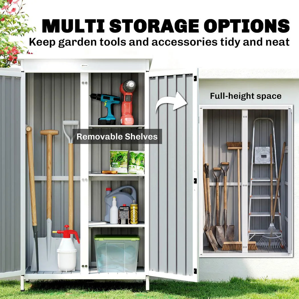 Outsunny Outdoor Storage Cabinet with 3 Removable Shelves and Asphalt Roof – Wood and Steel Garden Tool Shed, White and Black