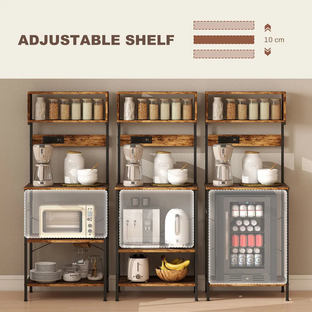 HOMCOM Kitchen Storage Rack with Power Outlets, USB Chargers and Hooks – Bakers Rack, Coffee Station, Rustic Brown