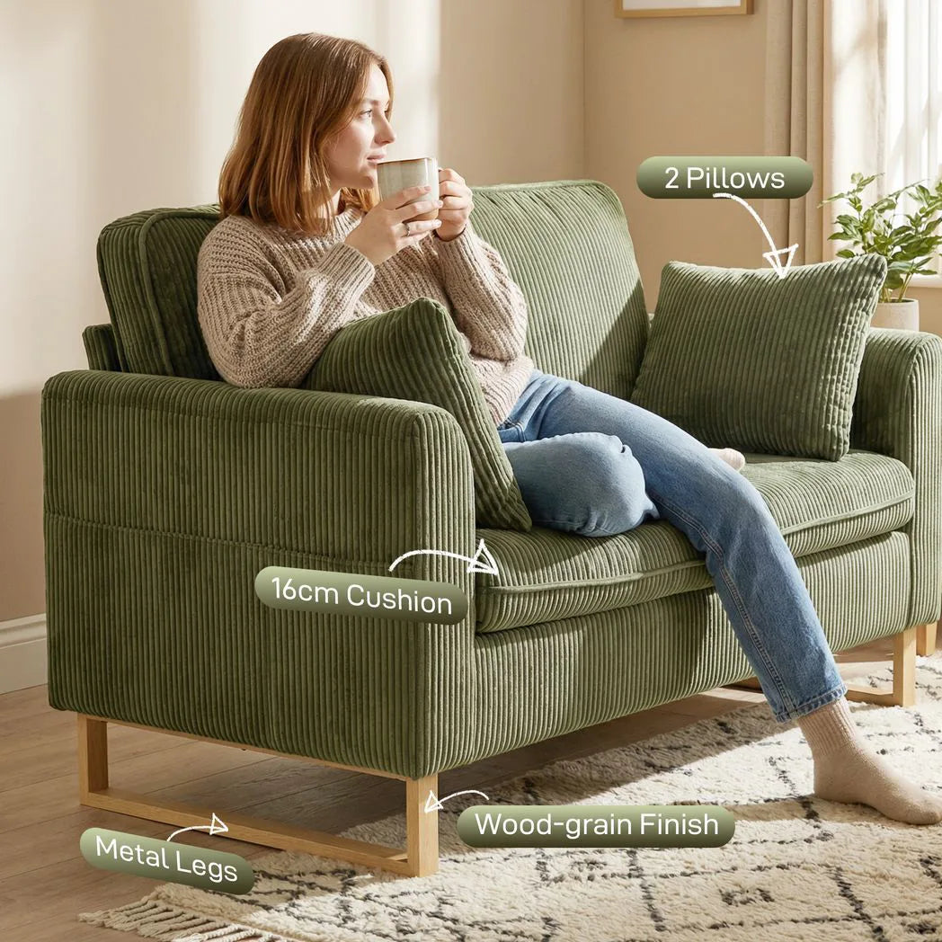 HOMCOM 2 Seater Sofa, 140 cm Corduroy Loveseat with Pocket Springs, Metal Legs and 2 Pillows – Dark Green