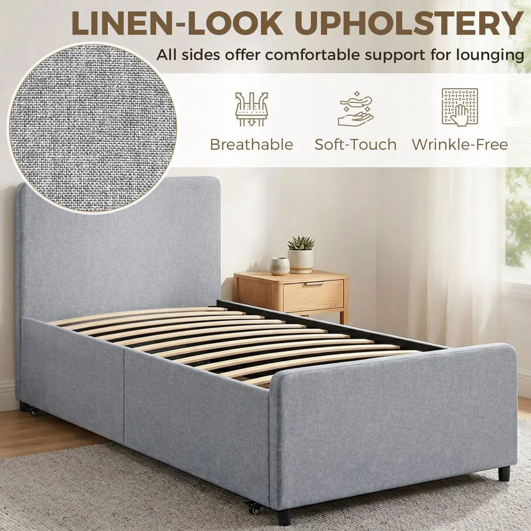 HOMCOM 3ft Single Upholstered Trundle Bed Frame with Headboard and Footboard – Pull-Out Guest Bed, Light Grey