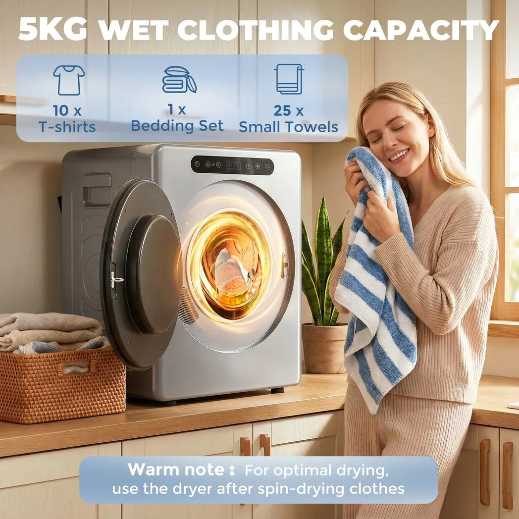 HOMCOM 5kg Compact Vented Tumble Dryer with 40–60°C Settings and Anti-Crease Function – Silver Tone