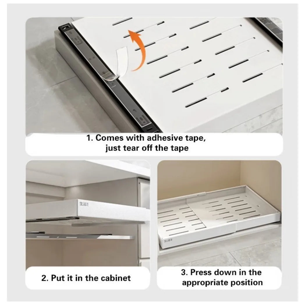 Extendable Pull Out Cabinet Organiser with Silent Slide Rails – No-Drill Kitchen Slide Out Storage Shelf