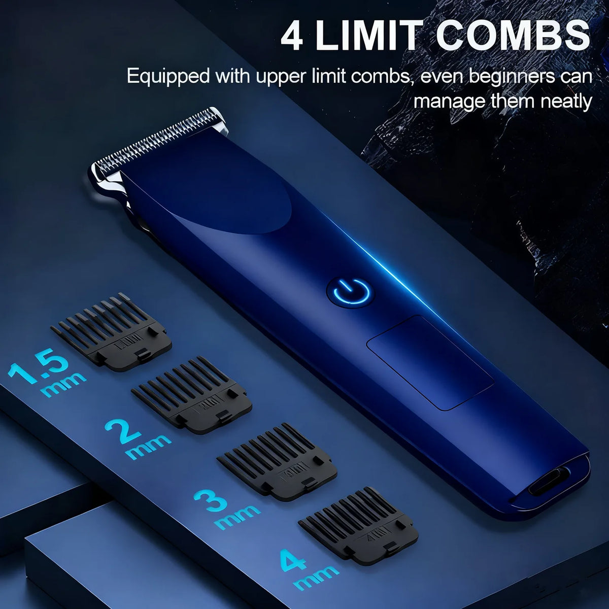 Electric Hair Clipper and Beard Trimmer with 4 Limit Combs & R-Shaped Floating Blade – Rechargeable, Blue