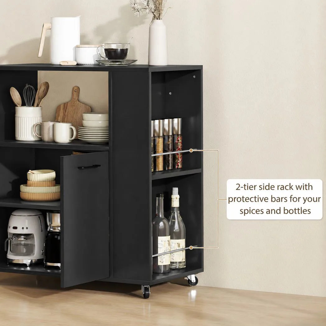 HOMCOM Kitchen Trolley with 2-Door Cabinet, Spice Racks and Adjustable Shelf – Rolling Island Cart, Black