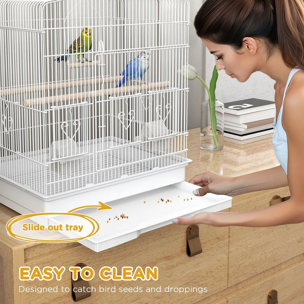 PawHut Large Metal Bird Cage with Perches, Food Bowls & Swing – For Budgies, Finches & Parakeets, White