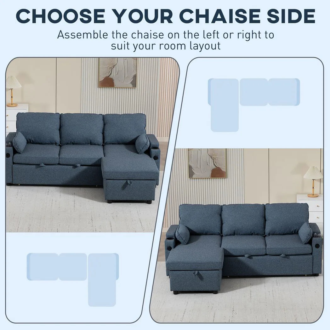 HOMCOM Corner Sofa Bed with Reversible Storage Chaise and USB Charging – L Shaped Sleeper, Blue