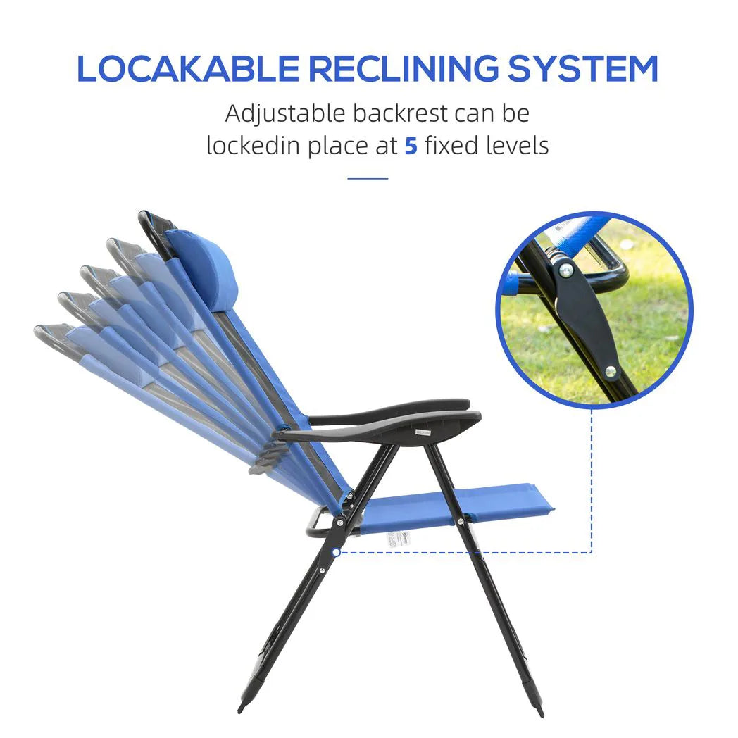 Outsunny Folding Garden Chairs Set of 2 with 5-Position Reclining High Back, Headrests & Texteline Seats – Outdoor Patio Chairs, Blue