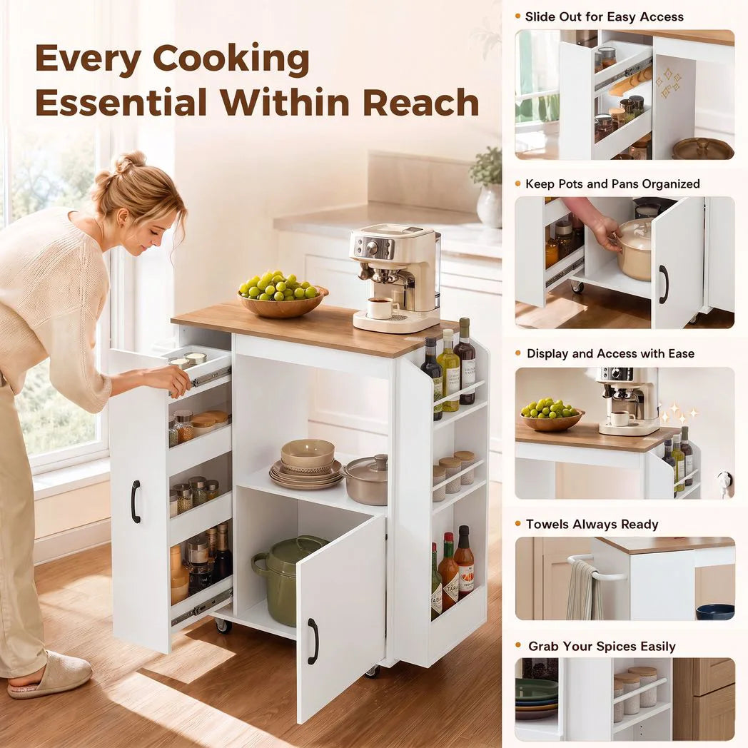 HOMCOM Kitchen Trolley with Power Outlets, USB Ports, Cabinet and Pull-Out Drawer – Rolling Island Cart, White