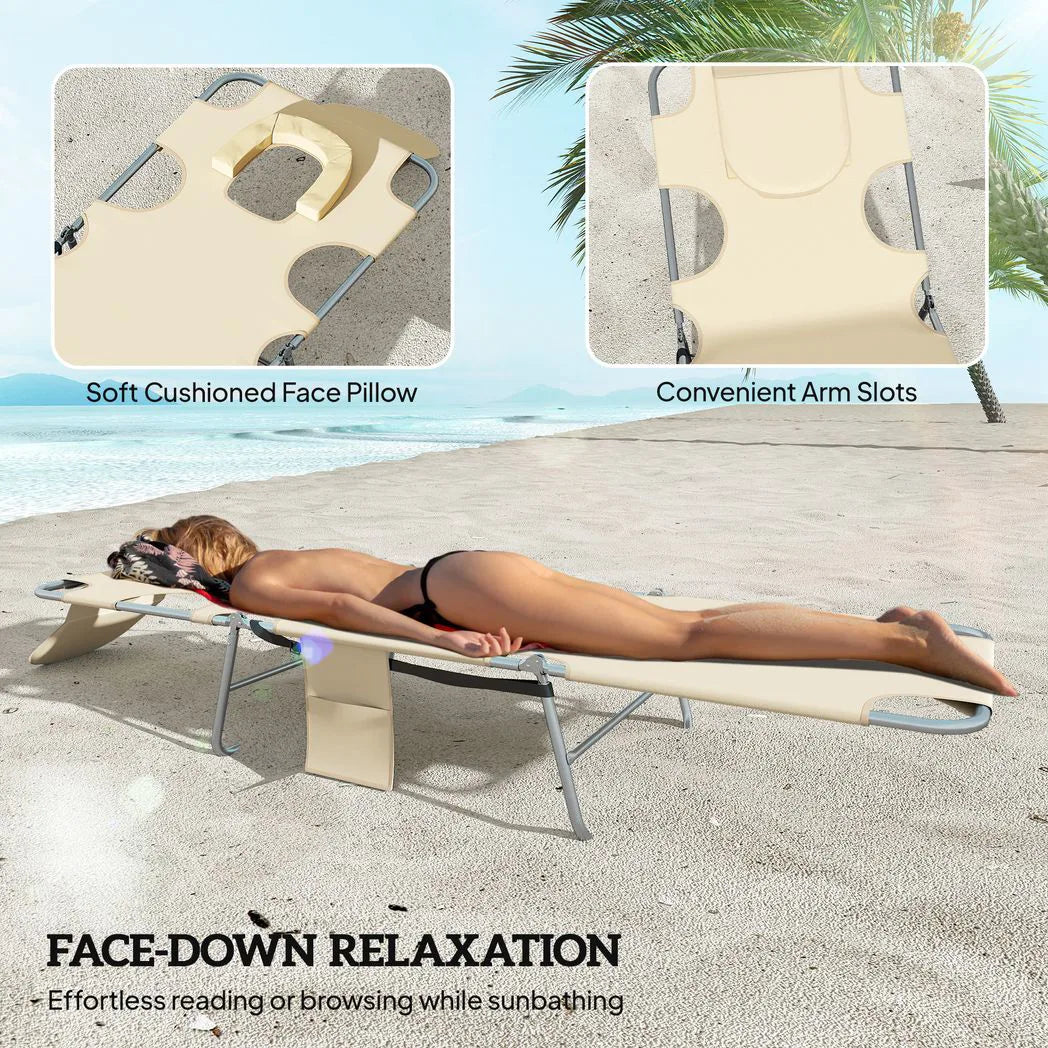 Outsunny Set of 2 Folding Sun Loungers with 5-Position Backrest, Face Hole and Side Pocket, Beige
