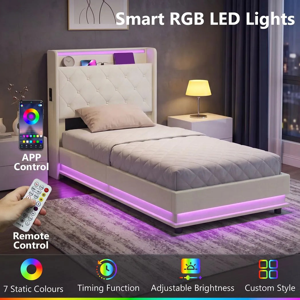HOMCOM 3ft Single Ottoman Bed Frame with Hydraulic Storage, LED Lights, Charging Station and Headboard – White